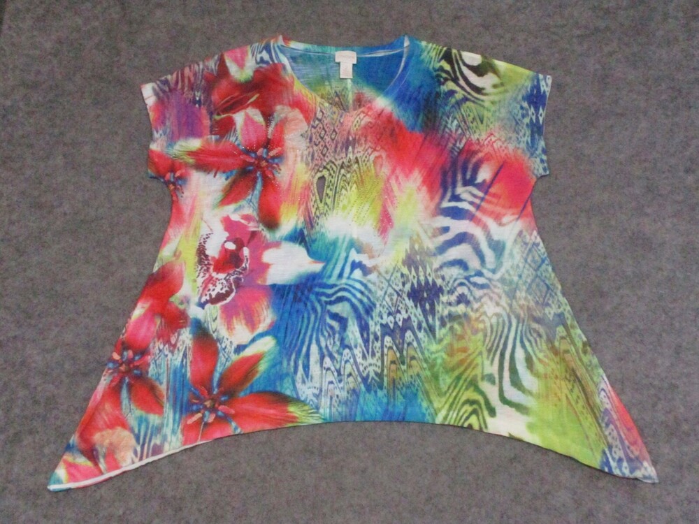 Chicos Top Womens 2 Regular Large L Blue Red Embellished Shirt Asymmetrical Hem